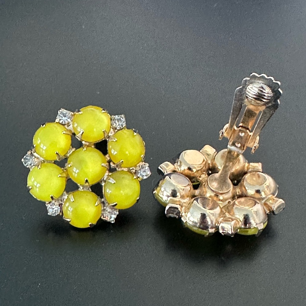 Vintage Glass Cluster Earrings Yellow Moon Glow Cabochons w Clear Rhinestones